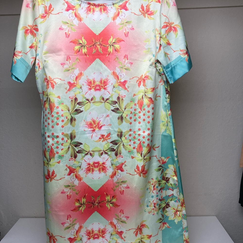 Floral Satin Shift Dress in Coral and Aqua